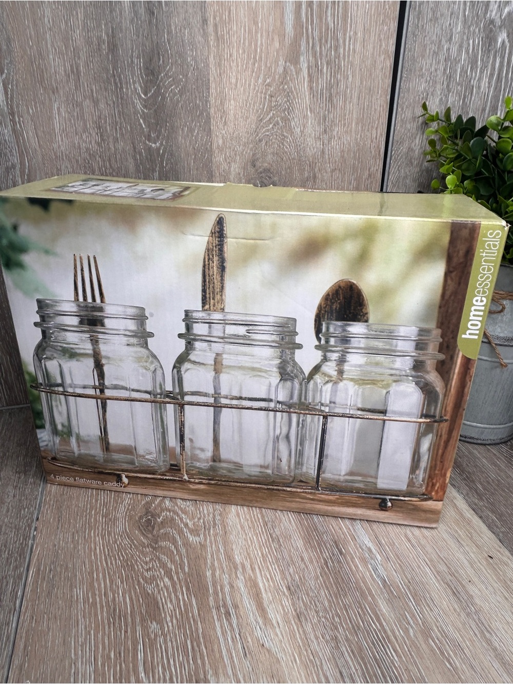 Rustic Flatware Caddy Set – 3 Glass Jars & Metal Rack by Home Essentials NIB